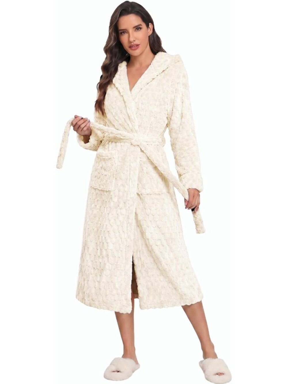 Cozy Hooded Plush Bathrobe for Women - Long Soft Fluffy Jacquard Robe